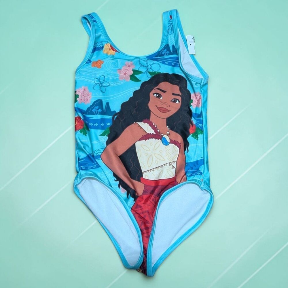 Disney Moana One Piece Swimsuit Girls Size 6 6X Blue Tropical Swim Bathing Suit